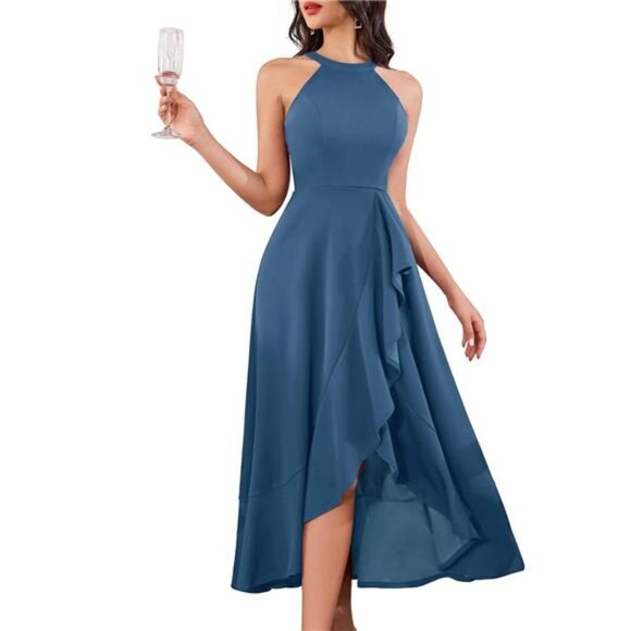 Womens Halter Split Hem Dress Elegant Greyish Blue